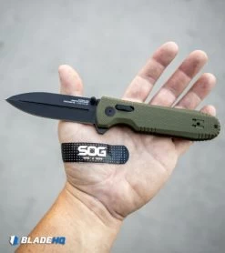 SOG Pentagon XR Lock Knife OD Green G-10 (3.5" Black) -Sog Shop SOG Bandaid Pack SOG Bandaids FREE BHQ 12947 kp in hand web