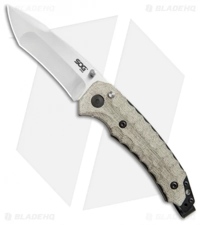 SOG Kiku Spring Assisted Knife Linen Micarta (3.5" Satin) KU-3001 3 SOG Kiku Spring Assisted Knife Linen Micarta (3.5" Satin) KU-3001